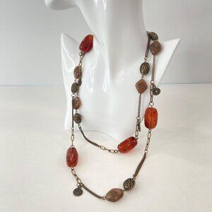 Vintage-Inspired Long Necklace With Red & Brown Beads Antique Bronze Chain Boho